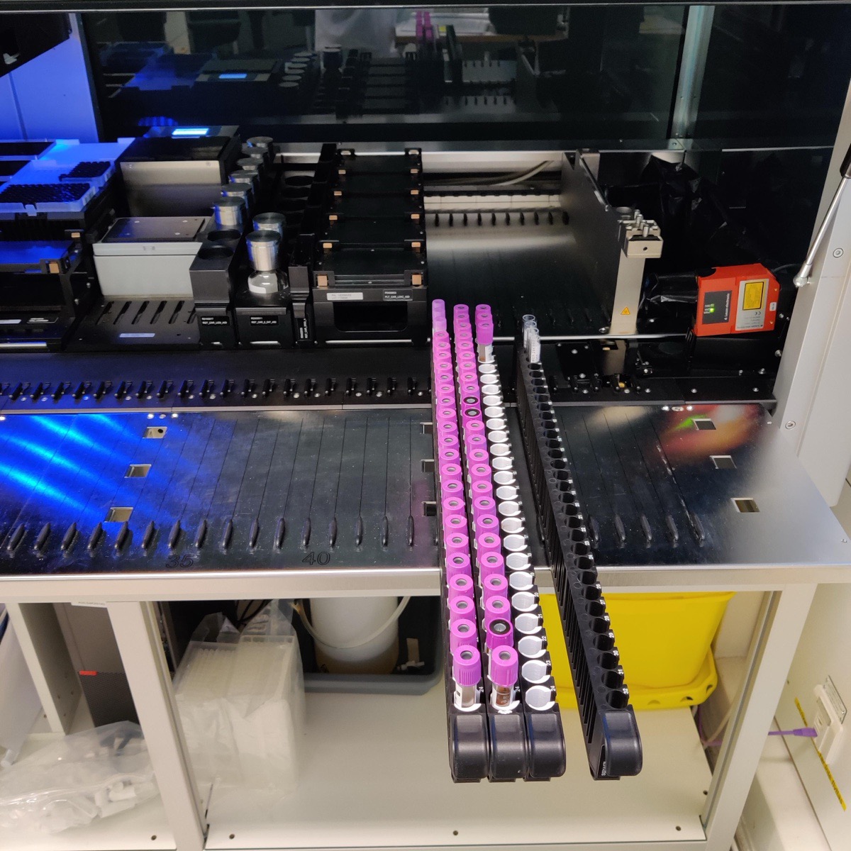 Two carriers of magenta-capped whole-blood tubes drawn out of a liquid handler autoload track, each tube seated in a white printed adapter, the deck lit blue behind them